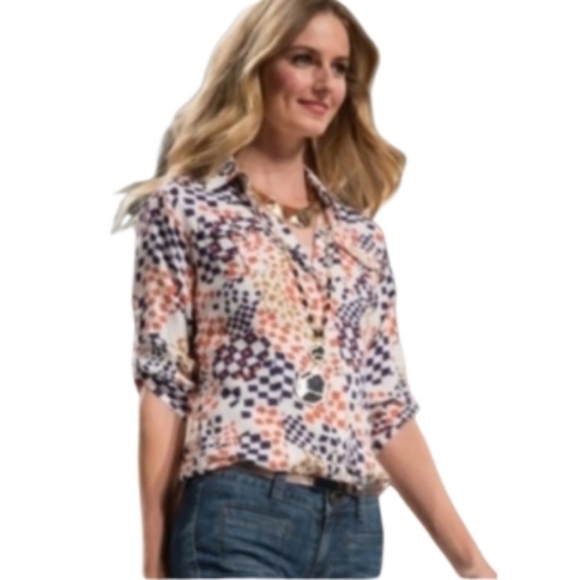 CAbi Navy Orange Geometric Print 3/4 Sleeve Button Up Shirt Size M. - Picture 3 of 15